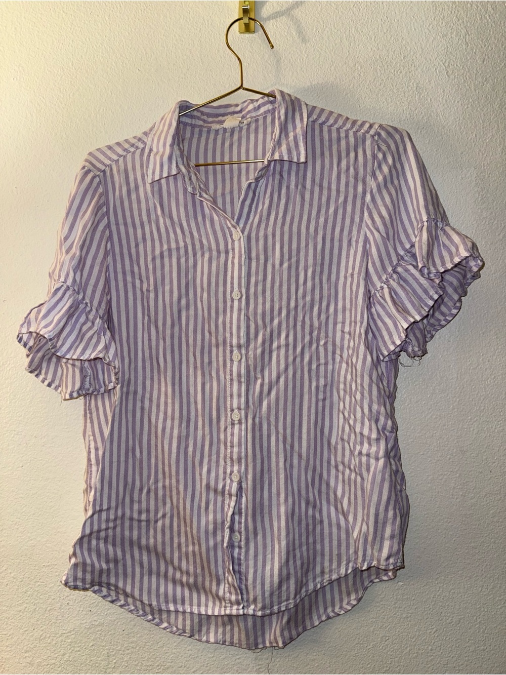 beachlunchlounge Lavender and White Striped Ruffle Sleeve Button-Down Top